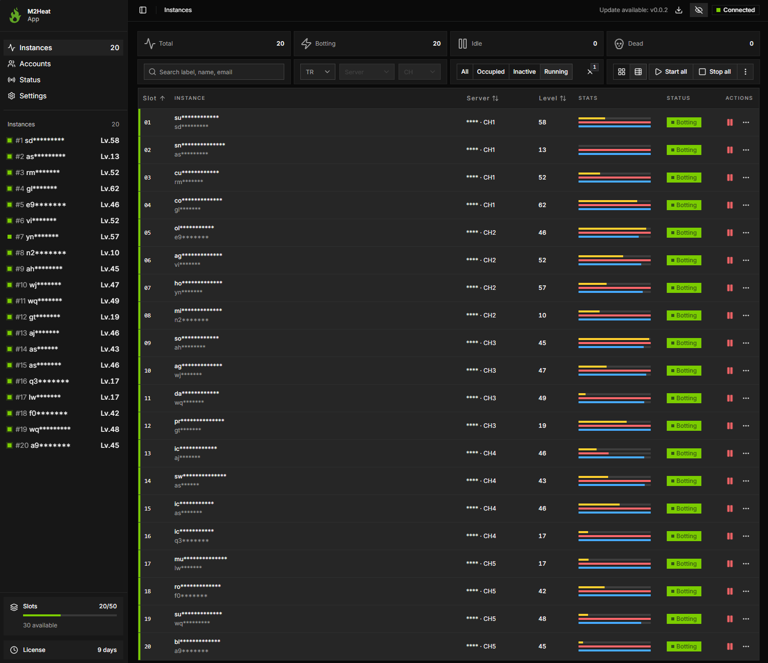 M2Heat desktop dashboard showing managed instances