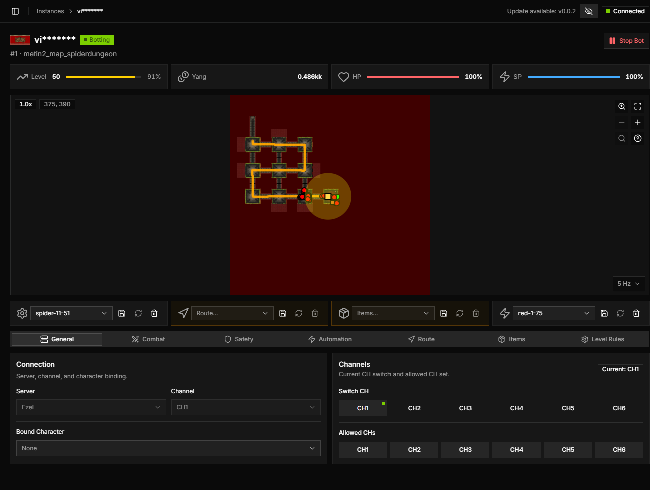 Live instance map with botting status and route overlay