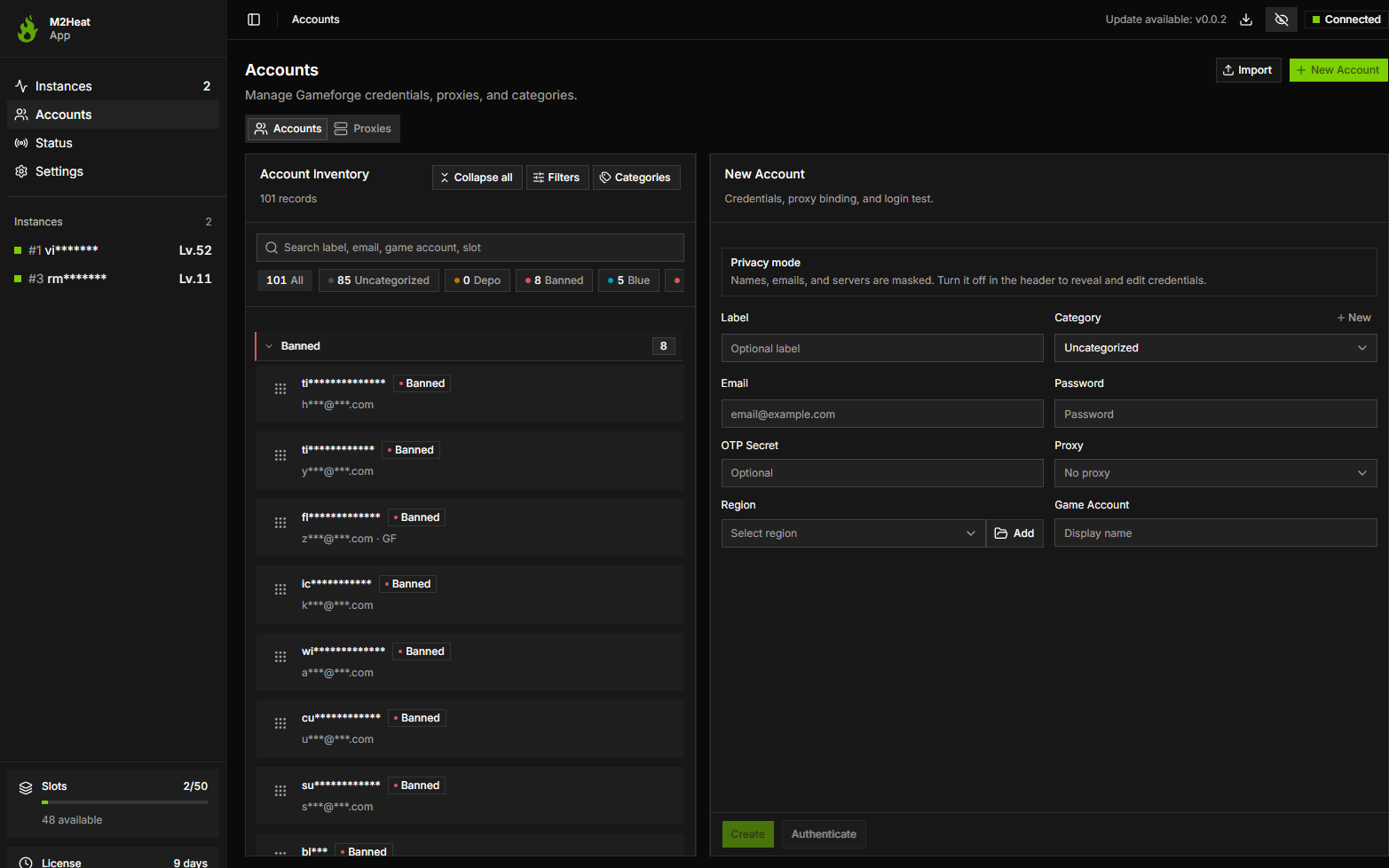Accounts inventory with categories, proxies, and new account form