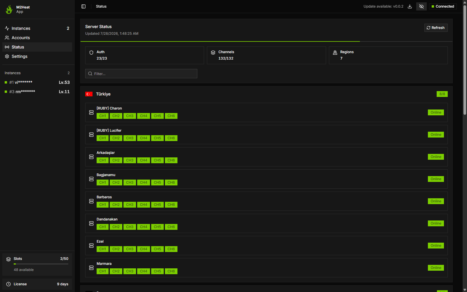 Official server status showing online channels by region