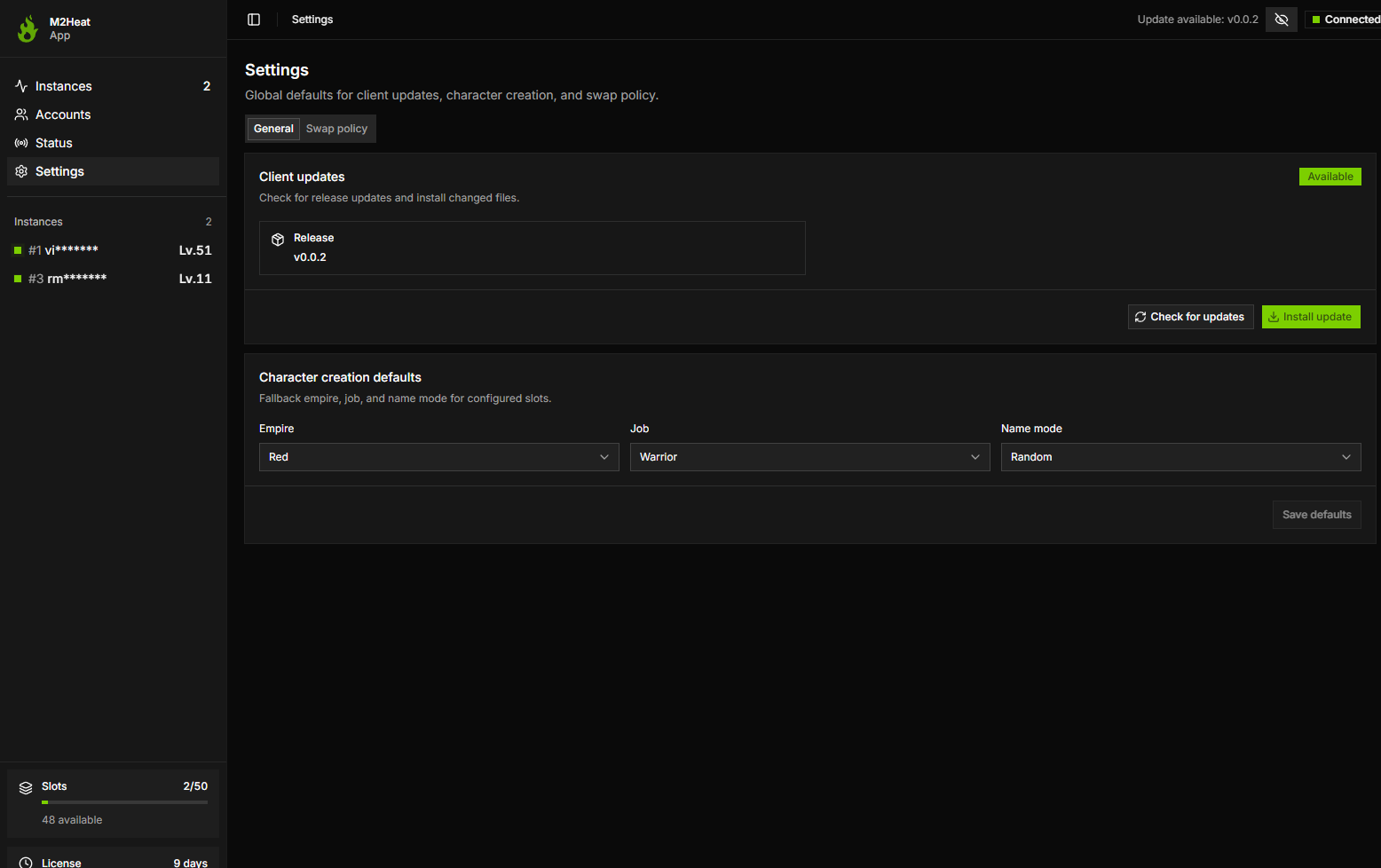 Global settings for client updates and character creation defaults